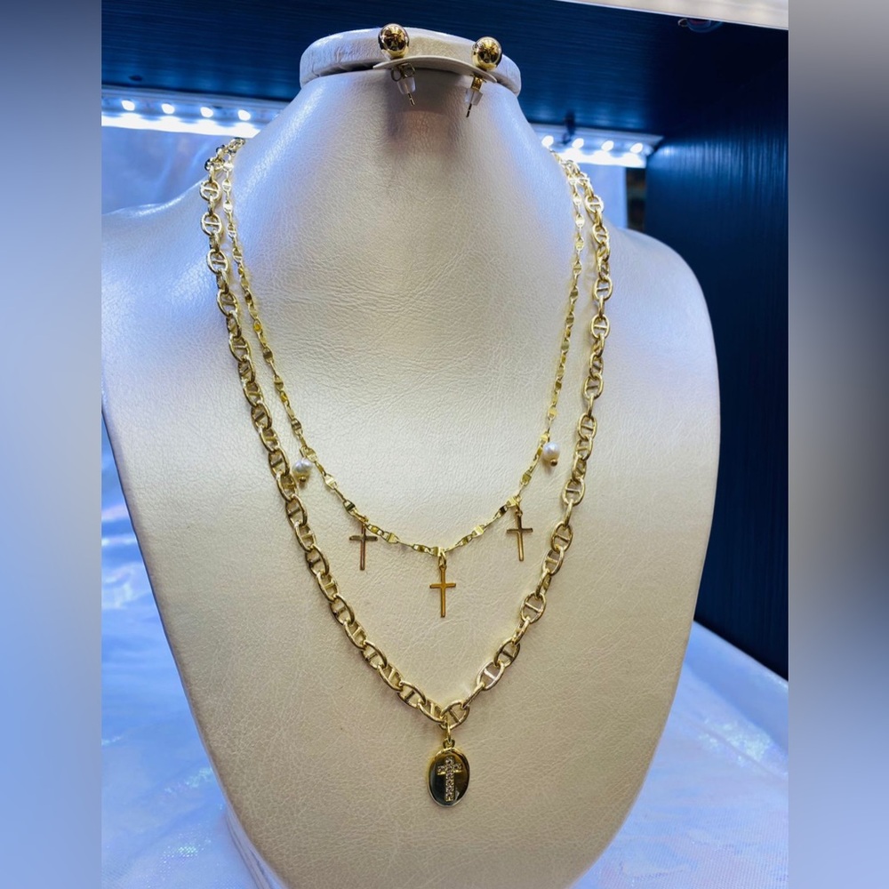 NWT 18k gold filled Necklace, CZ designer inspired Cross Set with Earrings